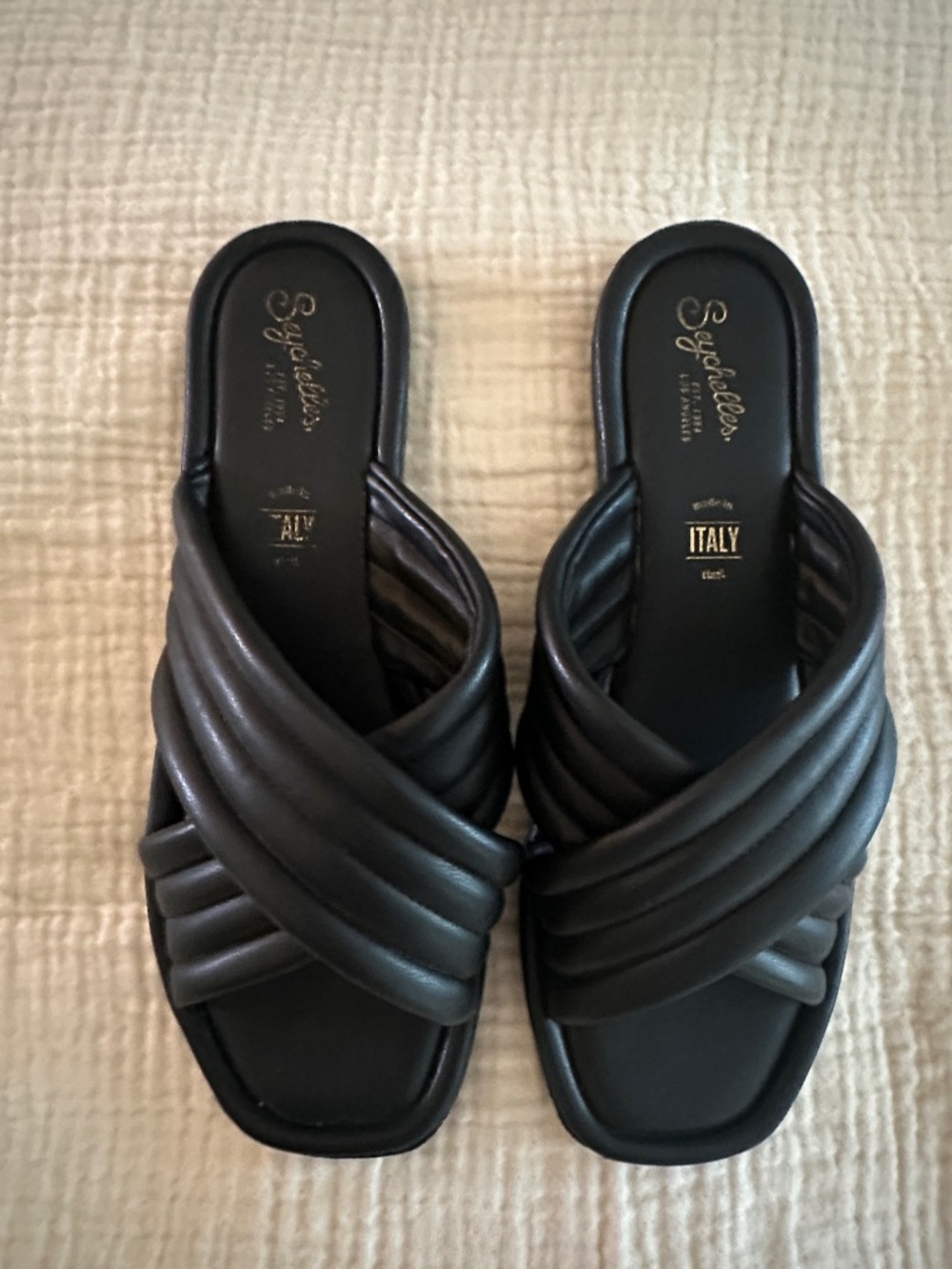 Seychelles Black Quilted Crossover Slide Mules